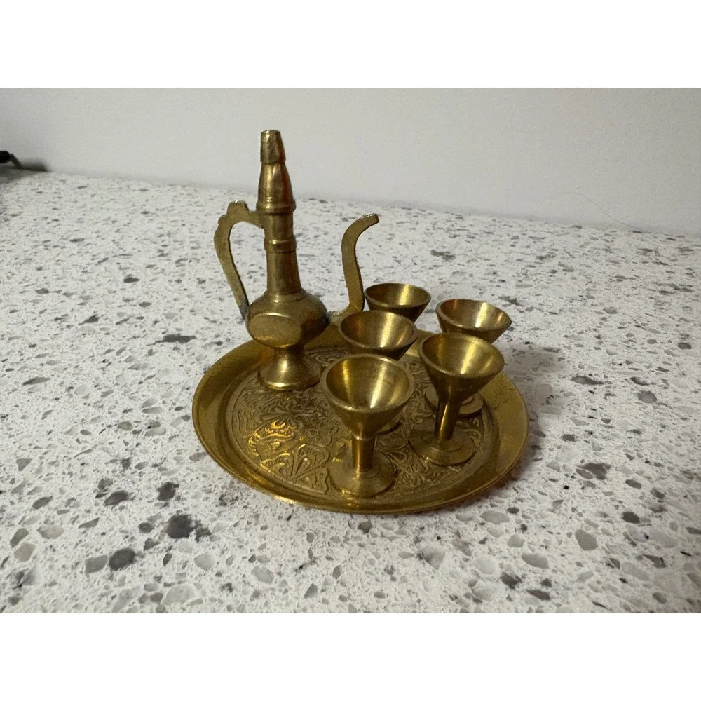 Brass Liqueur Set Decanter Cups Tray Vintage Middle Eastern Style Decorative
